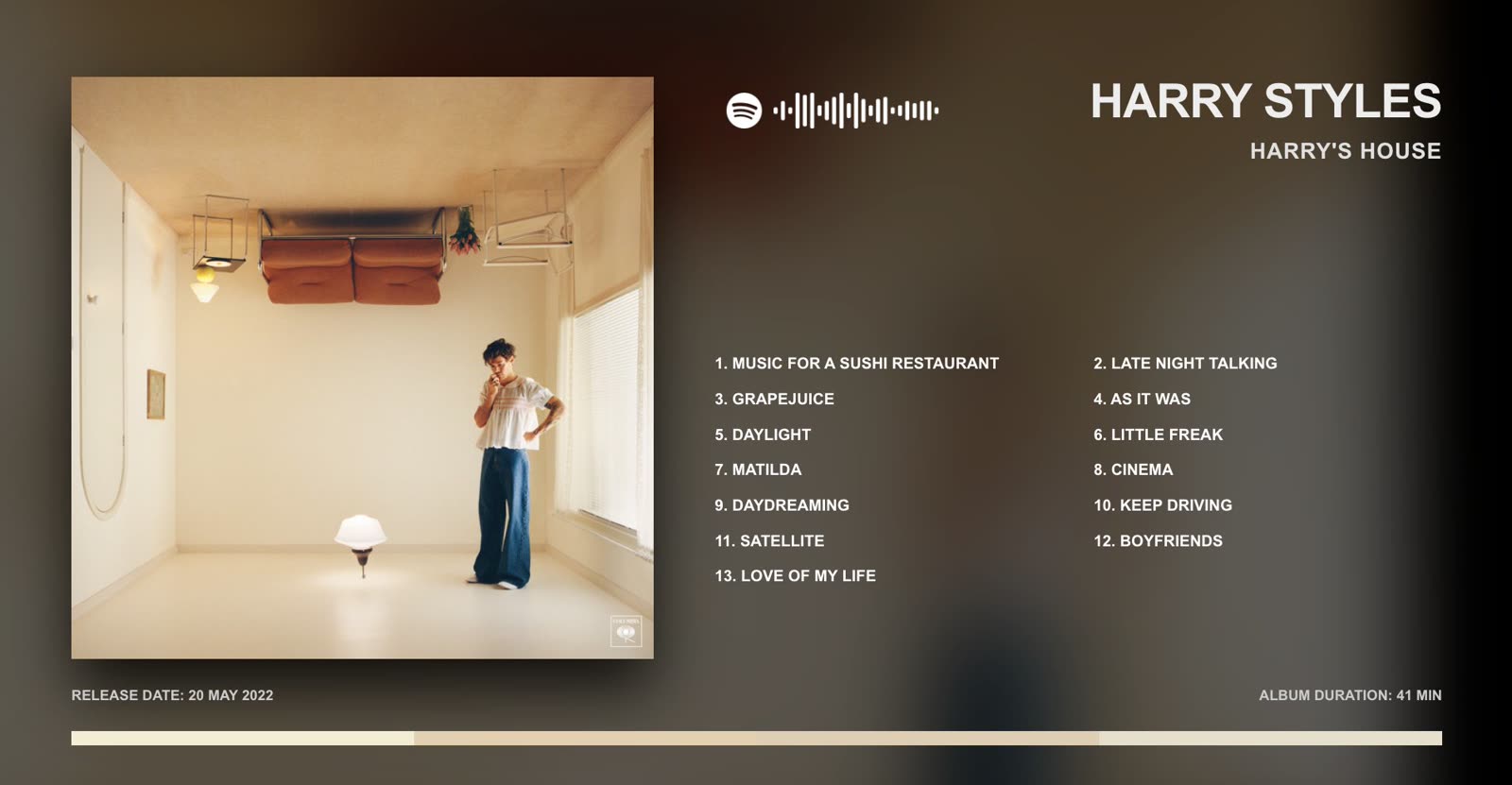SoundScreen displaying Harry Styles album poster in landscape